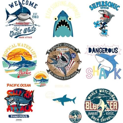 Fashion Shark Iron on Patches For DIY Heat Transfer Clothes T-shirt Thermal transfer stickers Decoration Printing For Man