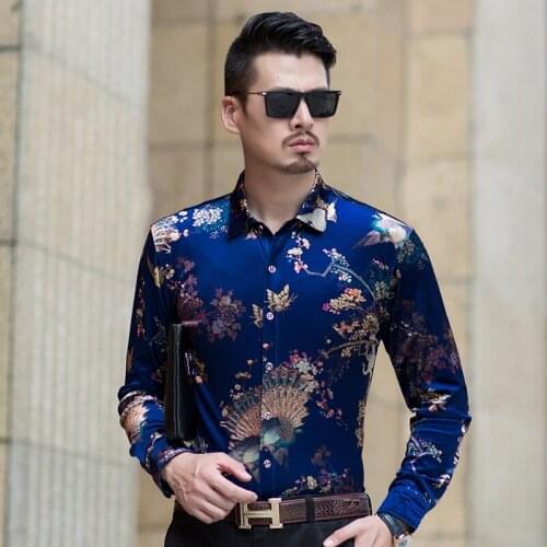 Mens gold velvet dress shirt autumn sexy male long sleeve flroal velvet shirt free shipping
