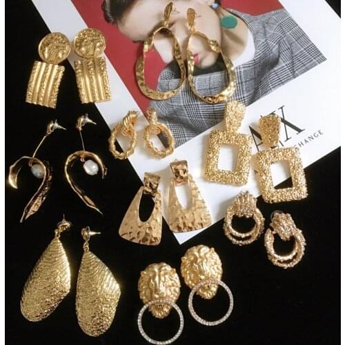 New Retro Large Metal Pendant Womens Earrings Gold Color Geometric Crystal Statement Earrings 2021 Fashion Wedding Party