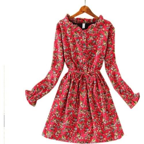 Floral Dress Women Autumn Winter Long sleeve Lacing Up Dresses O-neck Elastic Receive waist Dress Lady Bottoming A-line Skirt