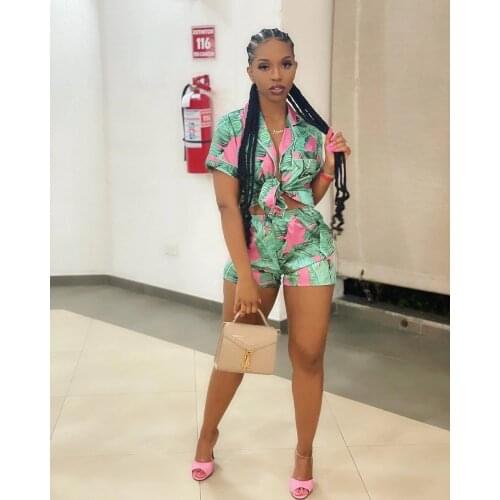 RMSFE 2021 Womens Short Sleeve Lapel Casual Fashion Sexy Print Temperament Shorts Two Piece Set