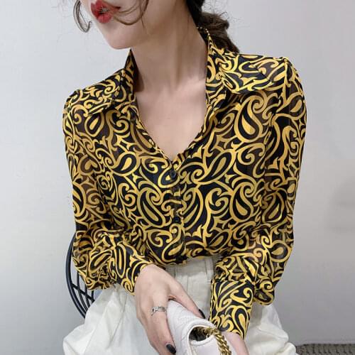 Europe Station Spring Autumn Chiffon Shirts Vintage Temperament Long Sleeve Polo-Neck Blouses Print Loose Blusas Tops MM0883