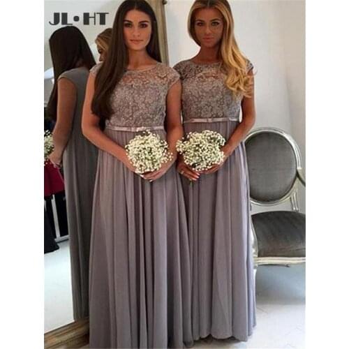 Sheer Lace Bridesmaid Dresses Long Weeding Party Dress Short Sleeves Floor Length Sashes Chiffon Bridesmaid Dress for Wedding