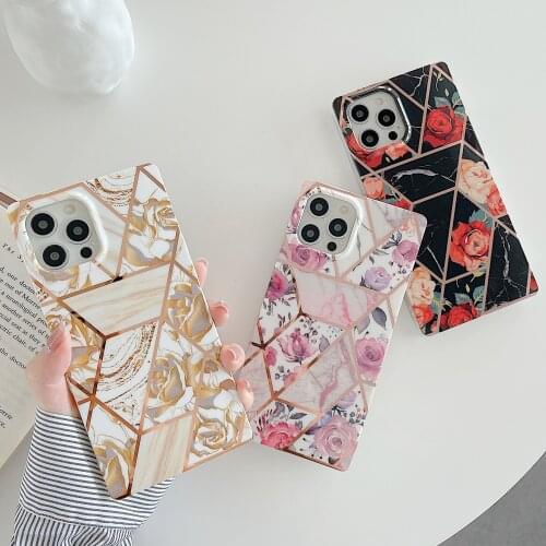 Gimfun Vintage Marble Flower Phone Case for iPhone 11 12 Pro Max XS Max X XR 7 8 Plus Cute Electroplated Floral Silicone Case