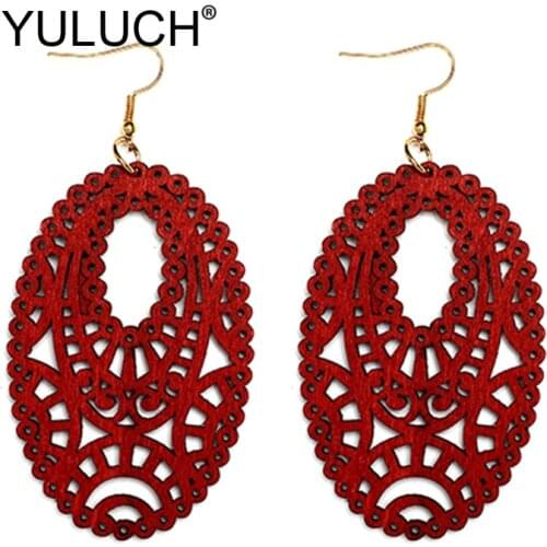 YULUCH Vintage Earrings Fashion jewelry Ethnic African Indian Red Hollow Wooden Long Statement Earrings For Women Wedding Party