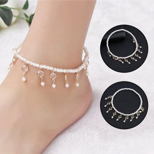 Summer Hot Fashion White Beach Diameter 7cm Retro Sweet Pearl Beads Crystal Tassel Pendant Elastic Womens Anklet