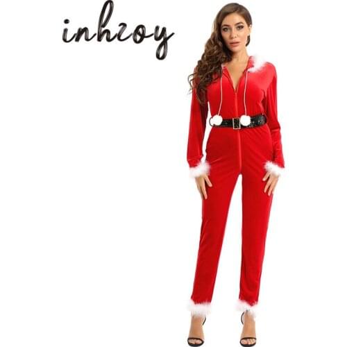 Women Christmas Costume Winter Long Sleeve Velvet Hooded Jumpsuit with Belt Holiday Santa Cosplay Party Xmas Clothes Dress Up