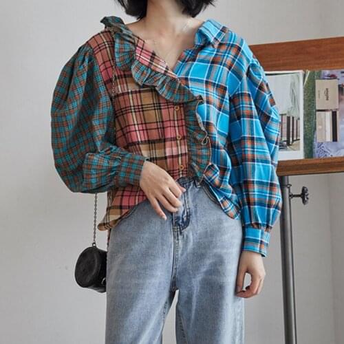 Alien Kitty 2021 New Autumn Womens Shirt Contrast Color Plaid V-Neck Long-Sleeved Ruffled Vintage Loose All-Match Fashion Top