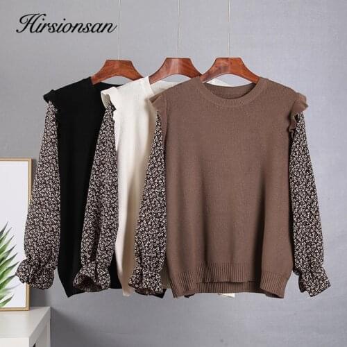 Hirsionsan Elegant Patchwork Sweater Women 2021 Spring New Chic Loose Casual Knitted Pullovers Soft Floral Chiffon Female Jumper