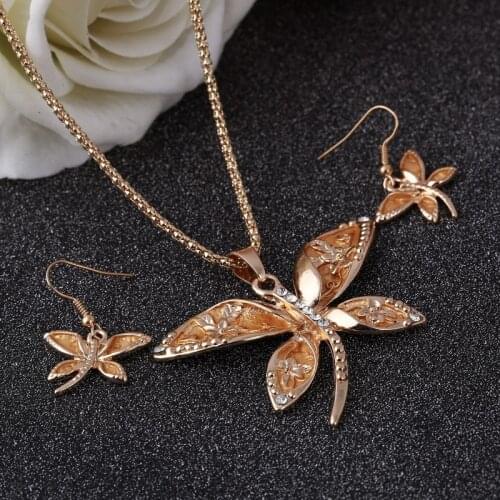 Fashion Jewelry Sets for Wedding Zircon Dragonfly Pendant Necklace Earrings Rose Gold color Bridal Jewelry Sets For Women