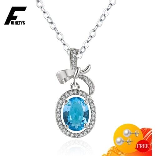 925 Silver Jewelry Women Necklace Oval Sapphire Zircon Gemstone Bowknot Shape Pendant for Wedding Engagement Party Accessories