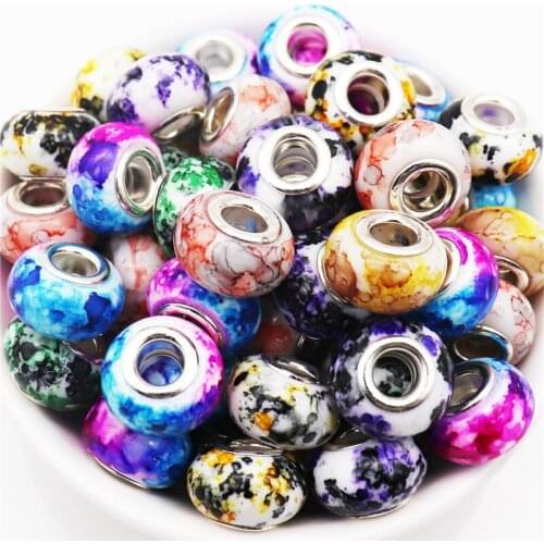 20Pcs Lot Flower Marble Color Round Large Hole Spacer Beads Fit European Charm Bracelet for Snake Chain Necklace Jewelry Making