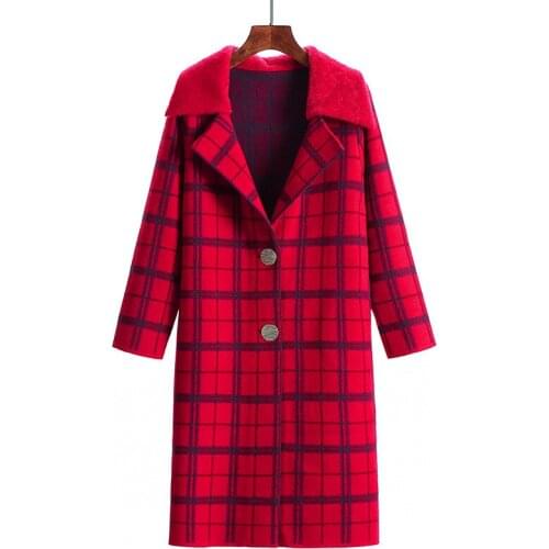 2019 Fashion Woolen Coat Women Autumn Winter Thicken Leisure Jacket Long Section Suit Collar Imitation Lattice Windbreaker A899