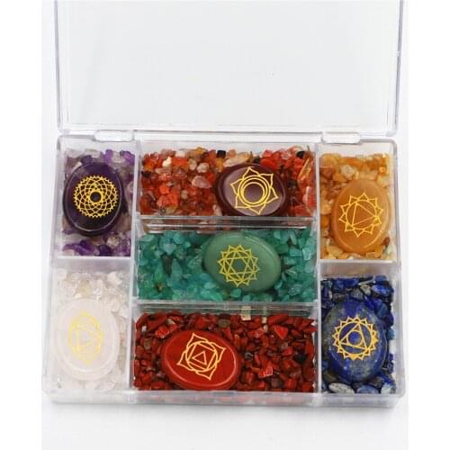 7 Chakra Stone Reiki Balancing Tumble Chip Crystal Healing Reiki Wicca Stones Kit Polished Engraved Palm Pocket Stones