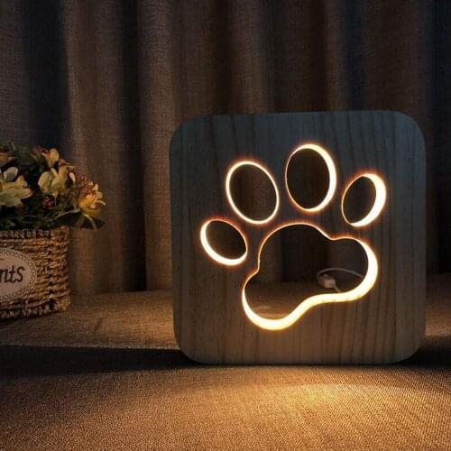 Wooden Dog Paw LED USB Night Light Creative Wolf Head Lamp Kids Table Lamp Light Bedroom Decoration Warm Children Gift