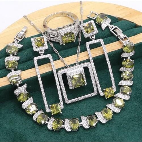 Green Peridot 925 Sterling Silver Jewelry set for Women Bracelet Long Earrings Necklace pendant Ring Birthday Gift
