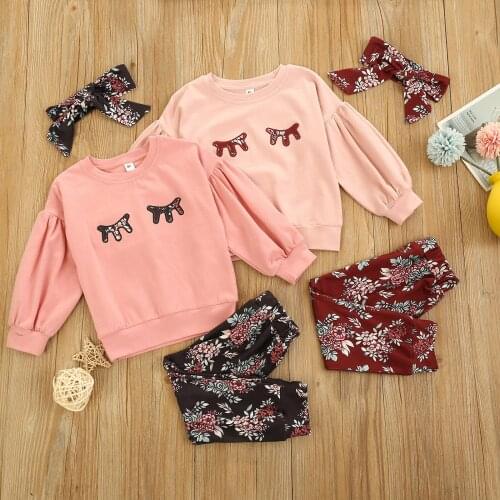 Baby Girl’s Bubble Long Sleeve Trousers Suit Unique Eyelash Pattern T-shirt Flower Long Pants and Headband