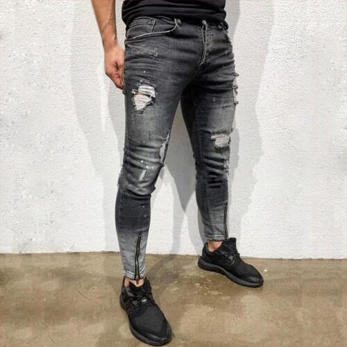 High Waist Zipper Stretch Jeans Casual Men Jeans Mid Rise Skinny Fashion Ripped Holes Zipper Pencil Pants Trousers for Daily Wea
