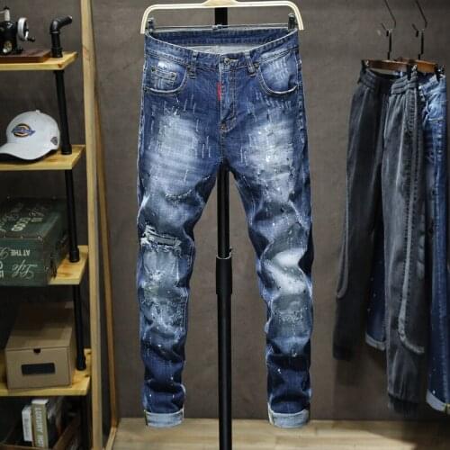 European Men slim jeans pants top quality mens denim trousers zipper blue hole Pencil Pants jeans for men