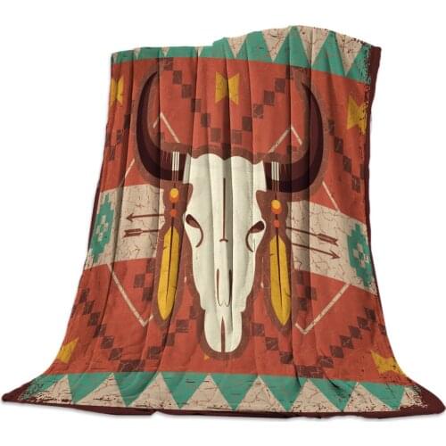 Indian Bull Skull Art Pattern Throw Blanket Portable Soft Sofa Blanket Warm Microfiber Flannel Blankets for Beds