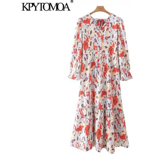 KPYTOMOA Women 2021 Fashion With Buttons Printed Midi Dress Vintage Long Sleeve Back Bow Tied Female Dresses Vestidos Mujer