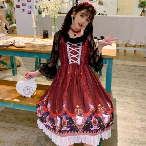 Kawaii sweet lolita dress lace cute printing vintage lace bowknot Sleeveless dress kawaii girl gothic lolita jsk loli cosplay