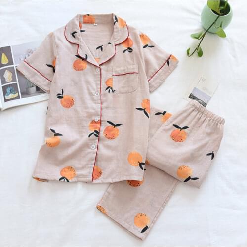 2021 new spring and summer pajamas two-piece 100% cotton gauze womens short-sleeved trousers home service suit cute and thin