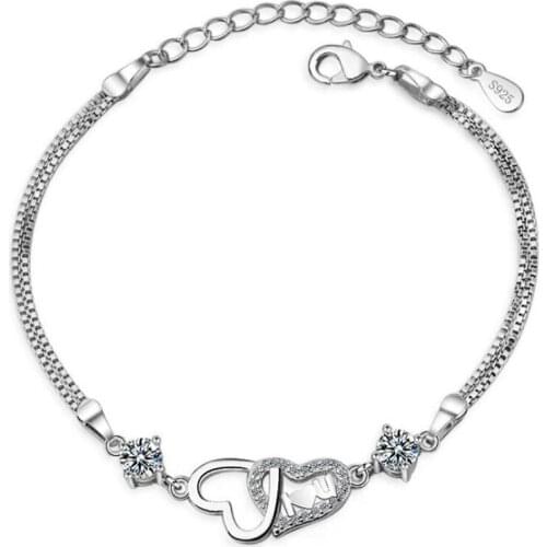 New Creative Love Sweet Heart To Heart Fashion 925 Sterling Silver Jewelry Flash Exquisite Crystal Women Gift Bracelets SB235