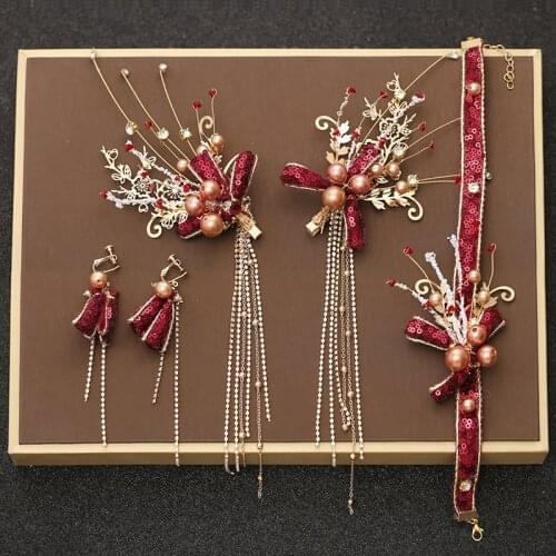 The new bride headdress, wearing red edge clip hair hoop earrings suit wedding toast dress wedding dress accessories