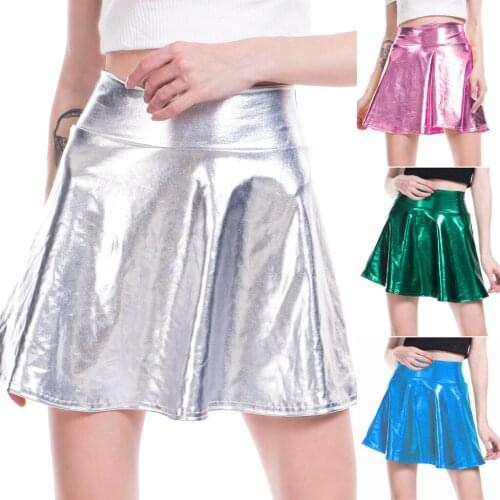 Casual Solid Shiny Metallic Flared Pleated A-Line Mini Skirt Summer Beach Casual Cheerleader Cute Sweet A Line Skirt jupe