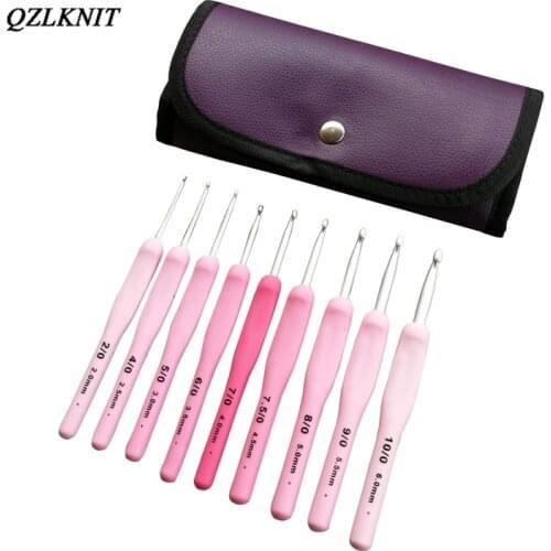 QZLKNIT 9pcs/set Pink TPR Soft Rubber Handle Frosted aluminum hook head 2.0-6.0mm DIY Crochet medium roving Sewing Tools kit