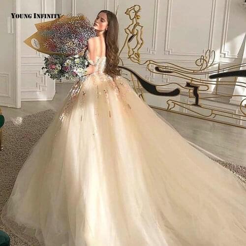 Romantic Ball Gown Wedding Dresses 2021 Sleeveless Bridal Gown Backless V Neck Royal Train Applique Champagne Plus Size Bride