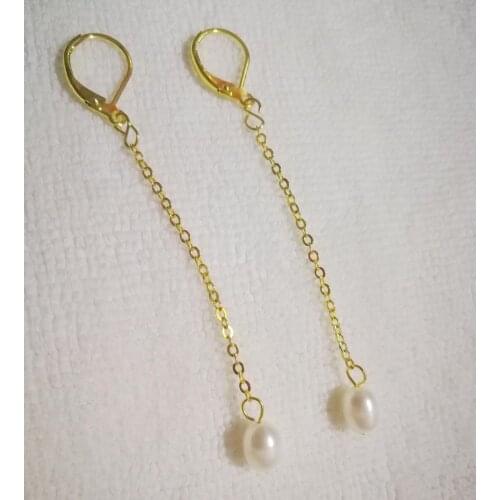 6mm white pearl oval rice bead 6cm gold chain gold Hook dangle Earrings Real Natural Freshwater pearl