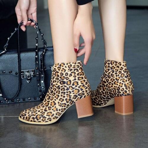 Women Boots Winter Ankle Boots Chunky High Heels Short Boots Zip Square Toe Shoes Ladies Fall Big Size 34-45