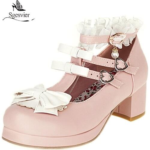 Sgesvier Women Mary Janes Pumps Cute Bowtie Princess Lolita Shoes High Heel Bowknot Dress Shoes For Girls School Party Wedding