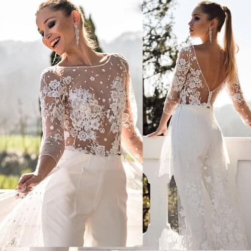 Wedding Dress Jumpsuit 2021 Backless Sexy Backless Robe Receiption Party Long Sleev Bridal Gowns Lace Appliques Vestido De Novia