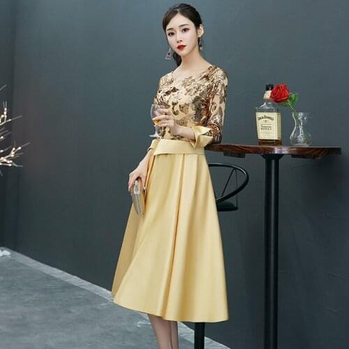 Golden Tea Lenght Sequin Student Graduation Adult Ceremony Evening Dress Female Banquet Atmosphere Birthday Party Dress A030