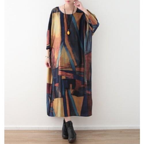 Women Spring Autumn Loose Printed Dress Ladies Bat Sleeve Dresses Female Robe Dress 2021