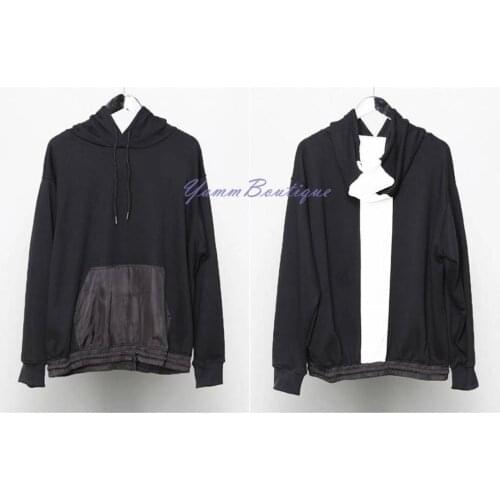 Winter Mens Back White Stripe Line Reversed / Mix Twill Pocket Dropped Shoulder / RearNeck Badge Kanye Hoodie