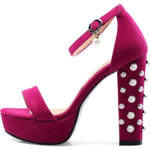 2021 Summer Sandals Chunky heels Black buckles strap Party shoes Fashion Rose red Pearl Waterproof Women shoes Big size 43