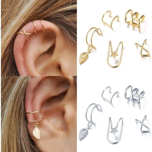 5Pcs/Set Ear Cuff Gold Leaves Non-Piercing Ear Clips Fake Cartilage Earring Jewelry For Women Men