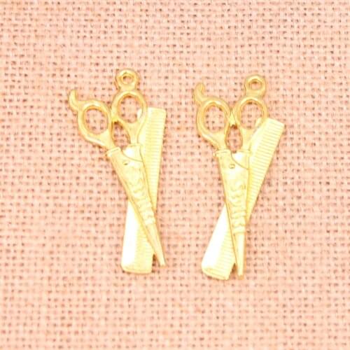 5pcs barber scissor comb stylist charms metal pendants Gold Color for necklace jewelry making 24*53mm