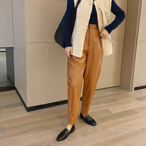 Womens High Waist Stretch Loose Black Faux Leather Pants For Ladies Spring Autumn Classic Vintage Long Pencil Trousers Clothing