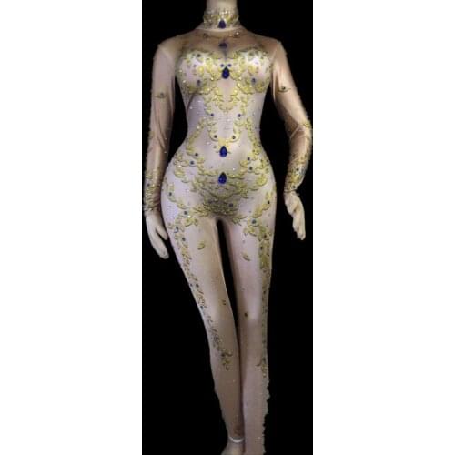 Women Singer Prom Costume Bar Pole Dancing Stage Wear Sexy Gold Leaves Printing Jumpsuit Sparkly Nude Leggings Pants Rompers