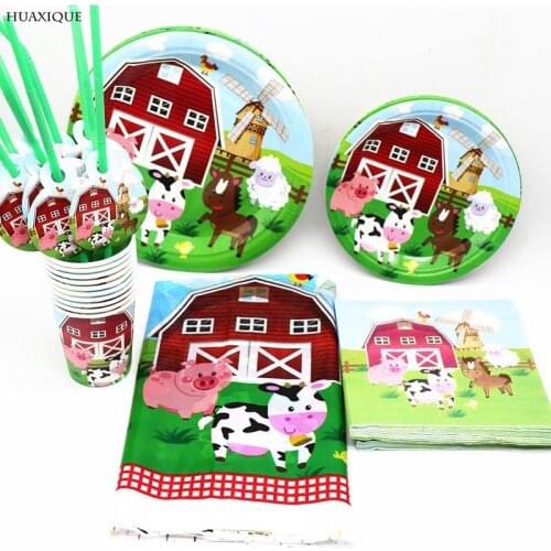 Farm Animals Theme Party Decor Disposable Tableware Animal Paper Plate Straw Cup Napkin Tablecloth Zoo Cow Happy Bithday Banner