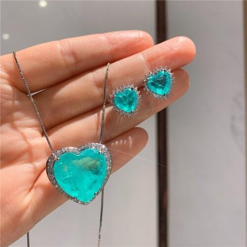 QTT Glittering 925 Sterling Silver Jewelry Sets Heart Paraiba Chain Necklace Stud Earrings Wedding Accessories Gift For Women