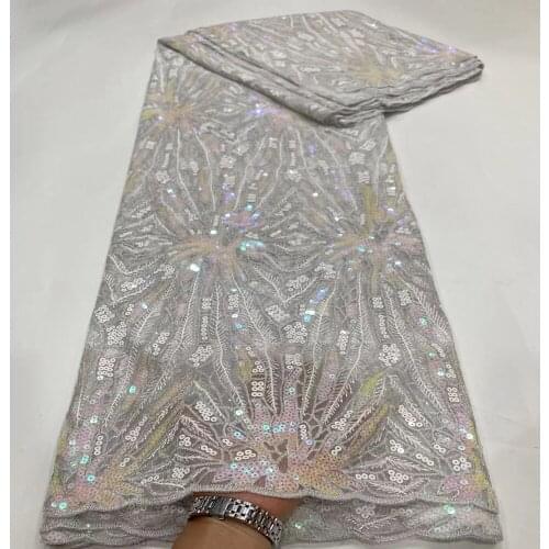 Nigerian Hot Sale White Wedding Tulle Dubai Lace High Quality African French Net Mesh Fabric with Coloful Small Sequin Fabircs