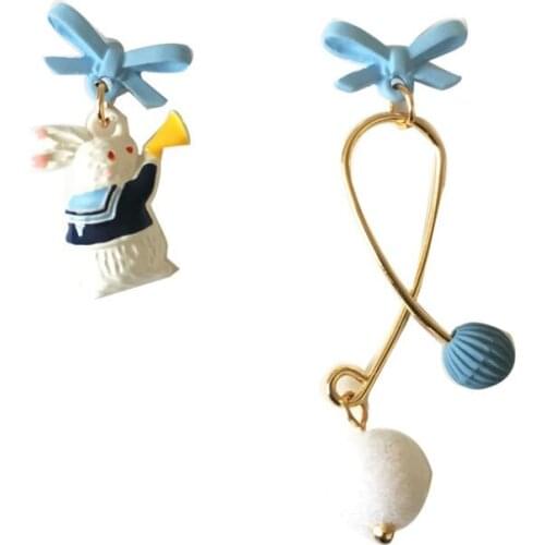 Sweet Cute Bowknot Rabbit Earrings Temperament Asymmetrical Drop Ear Jewelry Accessories S925 Needle Fashion Lady Girl Gift
