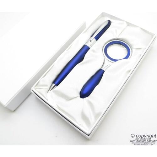 Wings P106M Blue Chrome İsme Special Magnifier + Pen Set | İsme Special Pen Set | Gift Pen