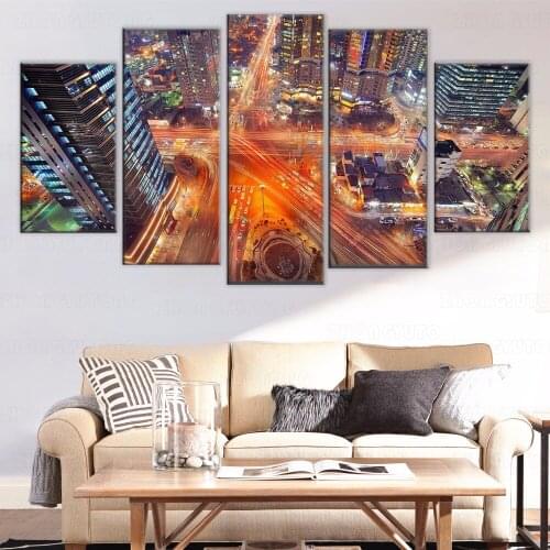Wall Art Home Decor Seoul Korea At Night Overhead Cityscape Canvas Paintings HD Print Frames for Living Room 5 Pieces